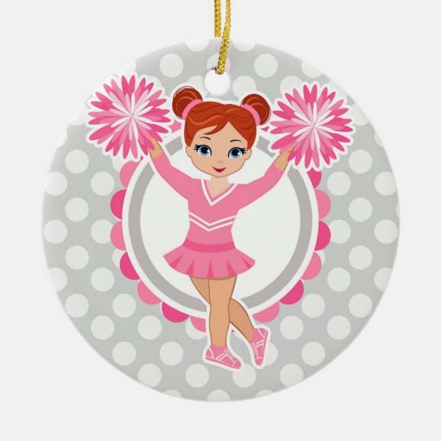 Pink Cheerleader Redhead - Cute Cheer Ceramic Ornament (Front)