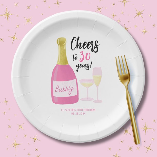 Pink Cheers to 30 years bubbly 30th birthday party Paper Plate (Cheers to 30 years plate.  30th birthday party range with pink sparkling fizz champagne )