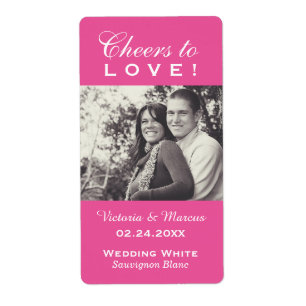 Pink Cheers to Love Wedding Photo Wine Bottle