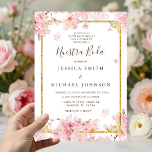 Pink Cheery Blossom Nuestra Boda Spanish Wedding Invitation