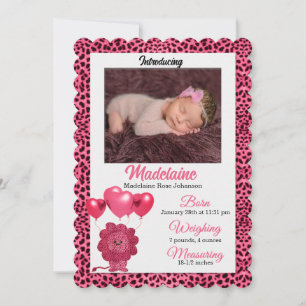 Pink Cheetah Birth Announcement Baby's Photo