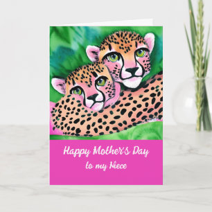 Pink Cheetah Cub + Mum Niece Mothers Day  Card