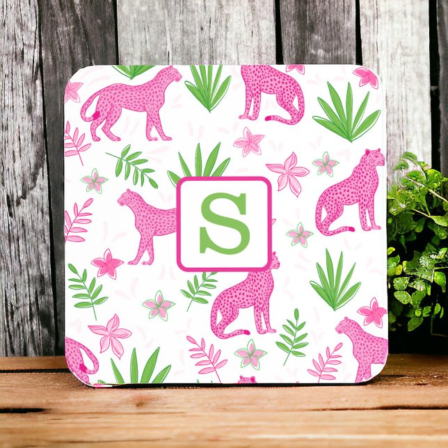 Pink Cheetah Monogram White Preppy Coaster (Creator Uploaded)
