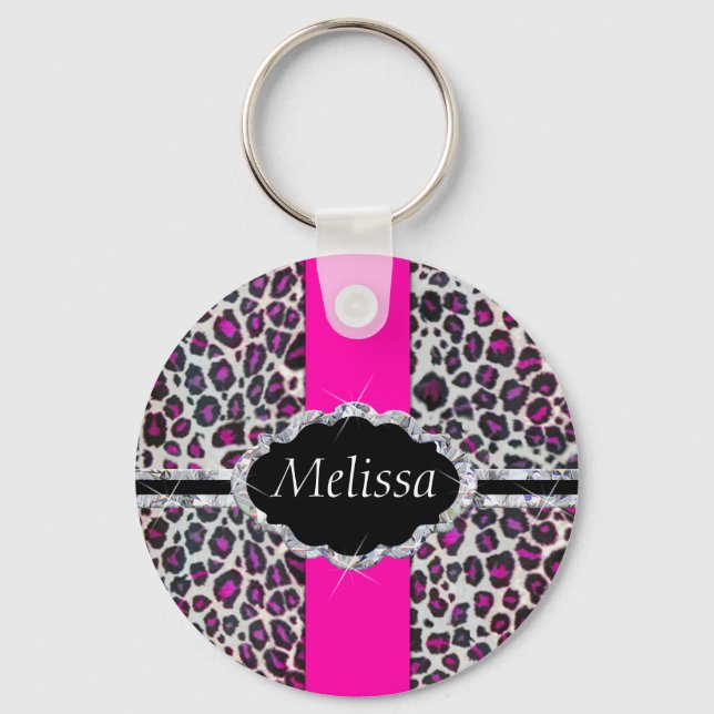 Pink Cheetah Print Diamond Monogram Key Ring (Front)