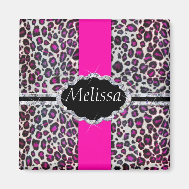 Pink Cheetah Print Diamond Monogram Magnet (Front)
