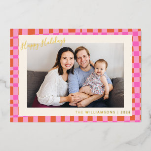 Pink Chequerboard Colourful Retro Christmas Photo Foil Holiday Card