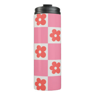 Pink Chequerboard Floral Travel Mug Retro Flower