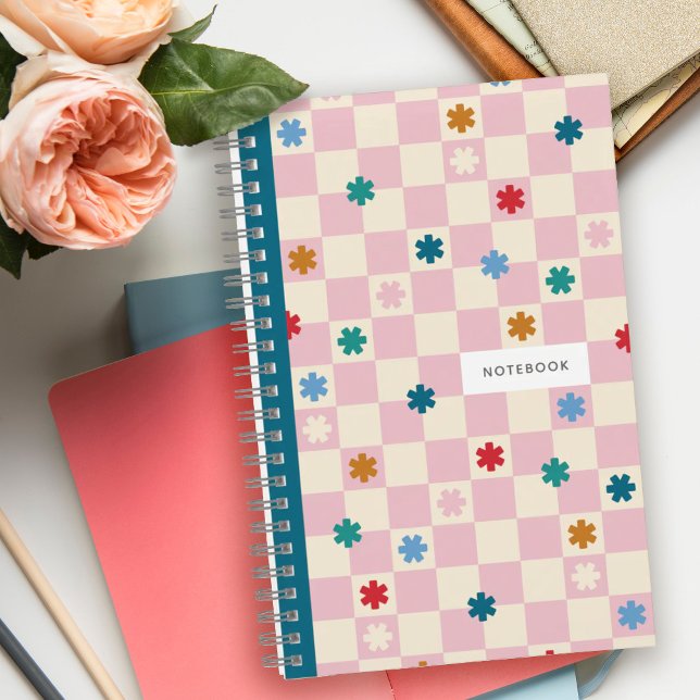 Pink Chequerboard Pattern Stars Flowers Notebook (Creator Uploaded)