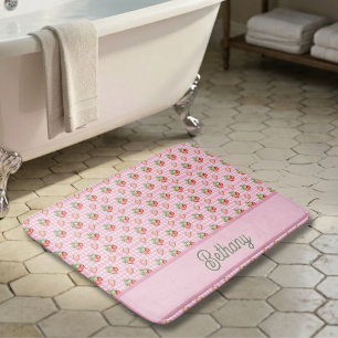 Pink Chequerboard Plaid Strawberry Gingham Pattern Bath Mat