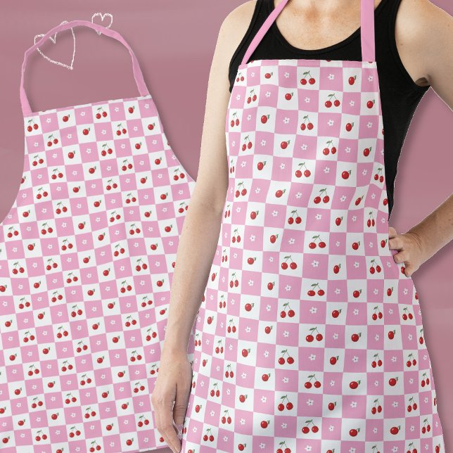 Pink Chequerboard with Cherry and Flower Apron (Spring pink and white apron .)