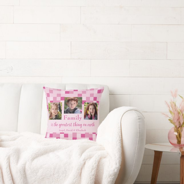 Pink Chequered 3 Photo Family is the Greatest Cushion (Couch)