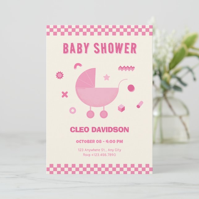 Pink Chequered baby stroller baby shower Invitation (Standing Front)