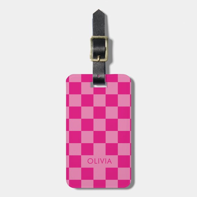 Pink Chequered geometric Luggage Tag (Front Vertical)