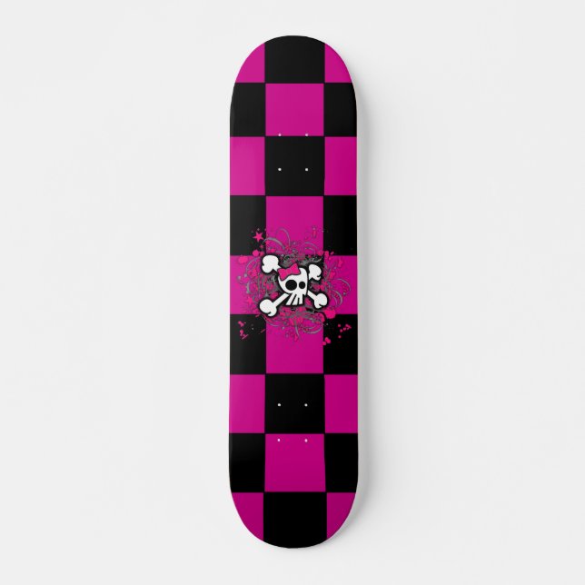 Pink Chequered Girly Skull Skateboard (Front)