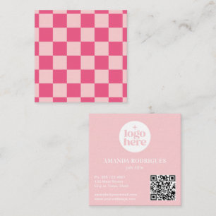 Pink Chequered Logo QR Code Square Business Card