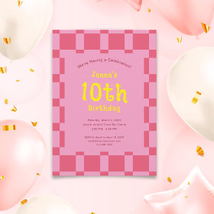 Pink Chequered Pattern Cute Girl Birthday Invitation