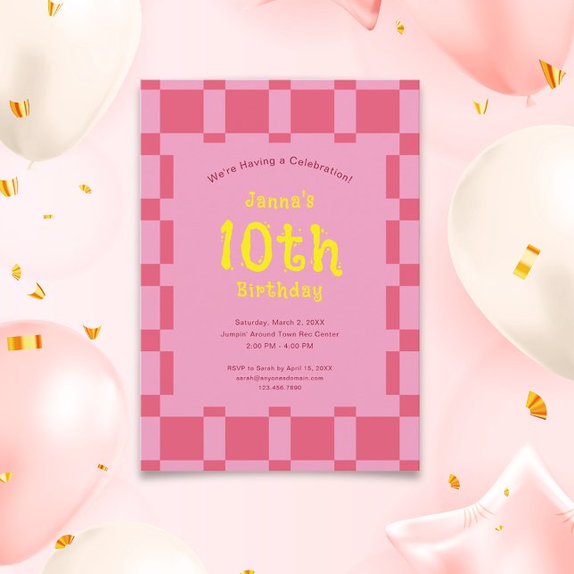 Pink Chequered Pattern Cute Girl Birthday Invitation (Pink Checkered Pattern Cute Girl Birthday Invitation)
