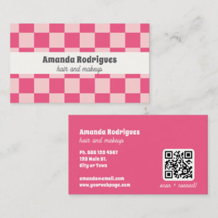 Pink Chequered QR Code Hair Makeup Business Card