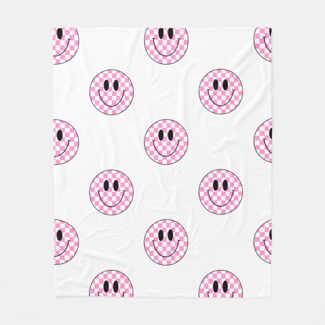 Pink Chequered Smile Face Blanket  (Front)