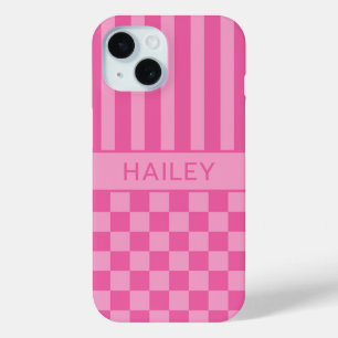 Pink Chequered Striped Personalised iPhone 15 Case