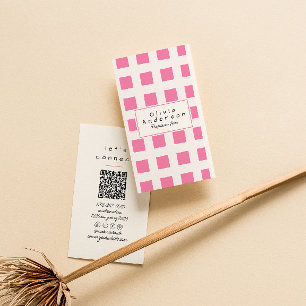 Pink Chequered Trendy Boho Funky Girly QR Code Business Card