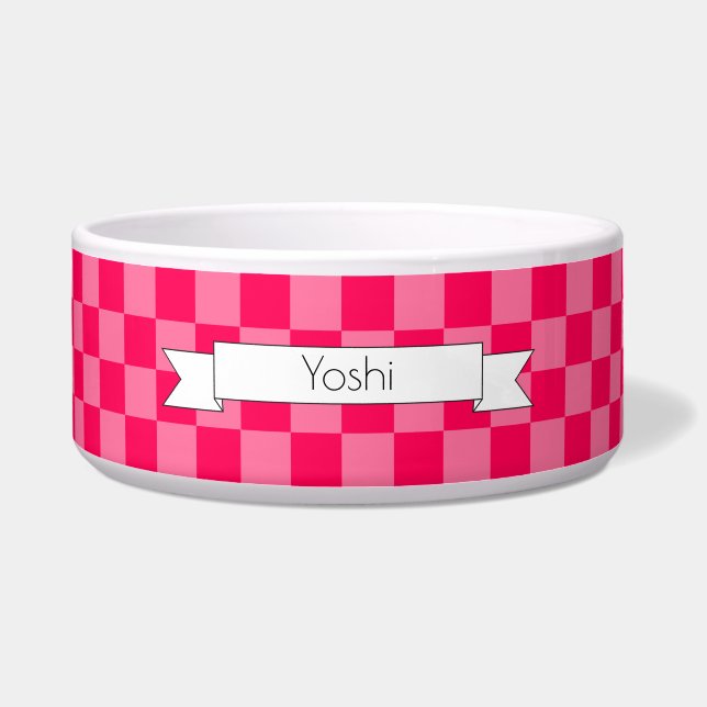 Pink chequered with name - Ceramic Pet Bowl - HAMb (Front)