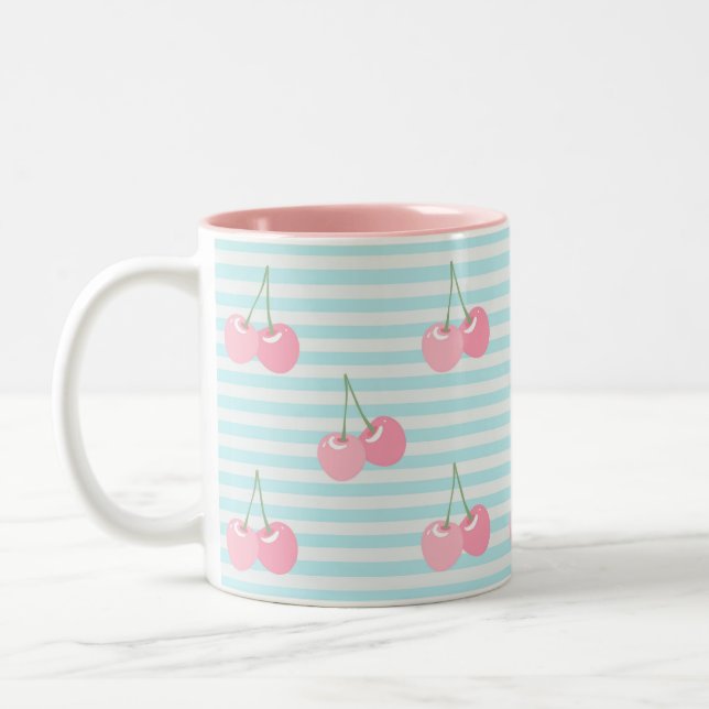 Pink Cherries Summer Two-Tone Coffee Mug (Left)