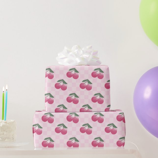 Pink Cherries Y2K Cute Retro Pattern Wrapping Paper (Party Gifts)