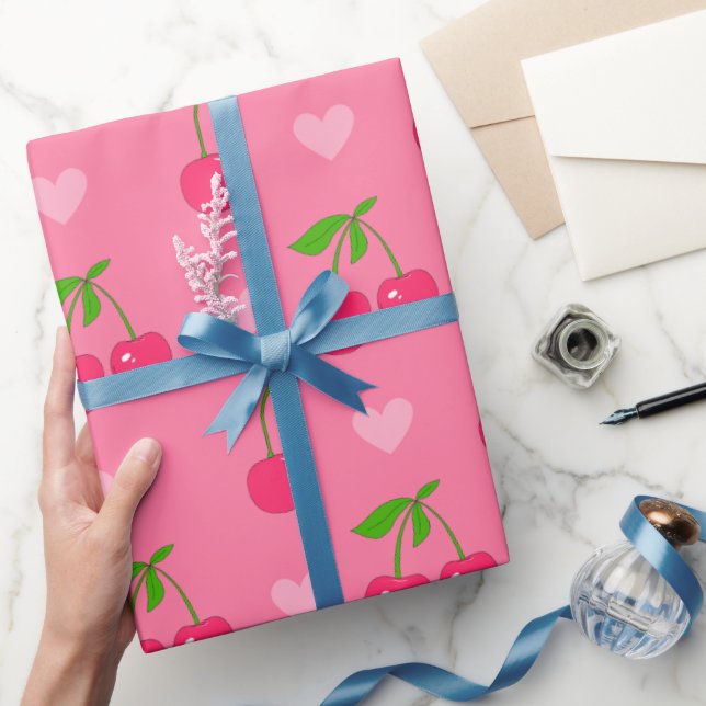 Pink Cherry and Heart Valentine Birthday Wrapping Paper (Gifting)