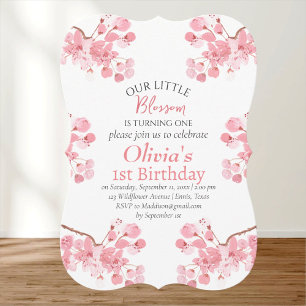Pink Cherry Blossom 1st First Birthday Floral  Invitation