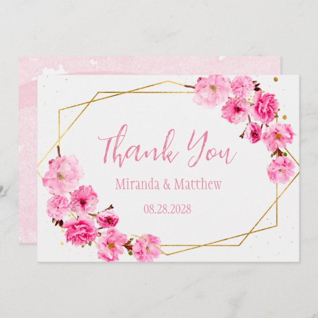 Pink Cherry Blossom and Geometric Thank You Cards (Front/Back)