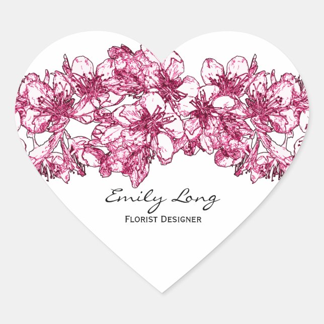 Pink Cherry Blossom Arrangement Sketch Design Heart Sticker (Front)