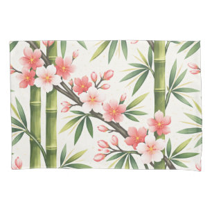 Pink Cherry Blossom Bamboo Botanical Asian Zen Gar Pillowcase