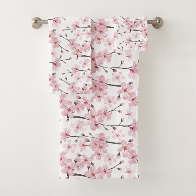Pink Cherry blossom bathroom towel set (Insitu)