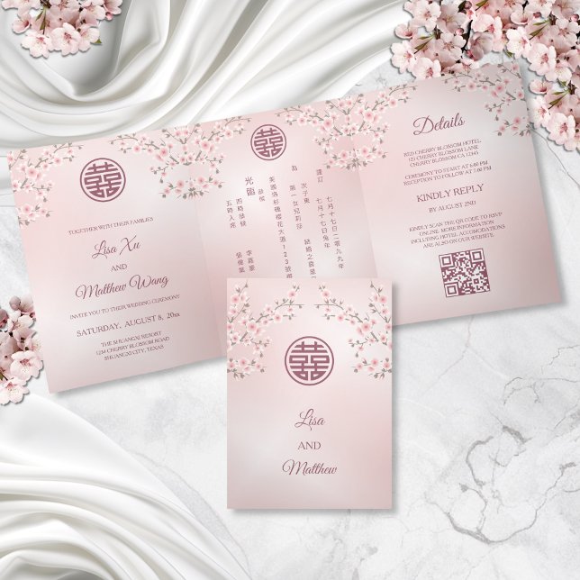 Pink Cherry Blossom | Bilingual | Chinese Wedding  Tri-Fold Invitation (Creator Uploaded)