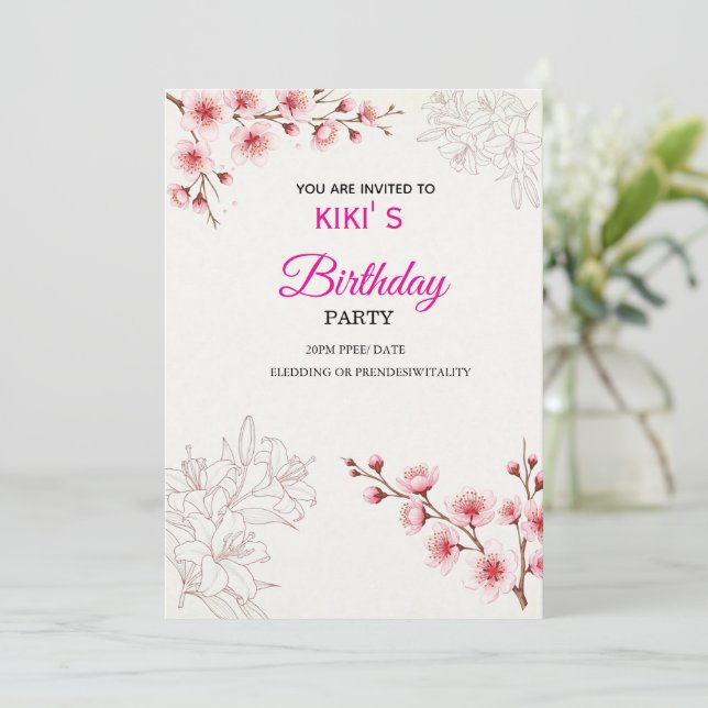 Pink Cherry Blossom Birthday Invitation | Watercol (Standing Front)