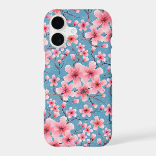 Pink Cherry Blossom Blue Pattern