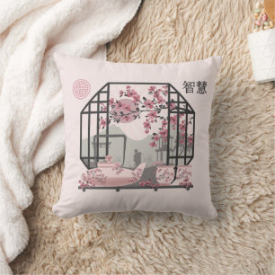 Pink cherry blossom bonsai Asian graphic design Cushion