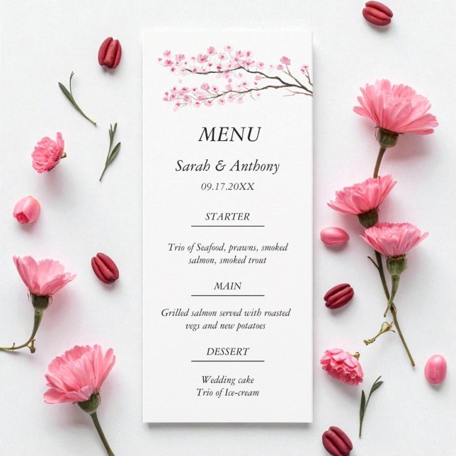 Pink Cherry Blossom Botanical Floral Wedding Food  Menu (Creator Uploaded)