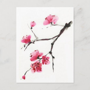 Pink Cherry Blossom Branch – Ink Brush Art Postcard