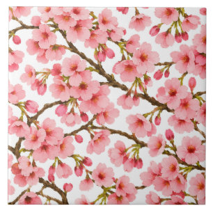 Pink Cherry Blossom Branch Pattern Ceramic Tile
