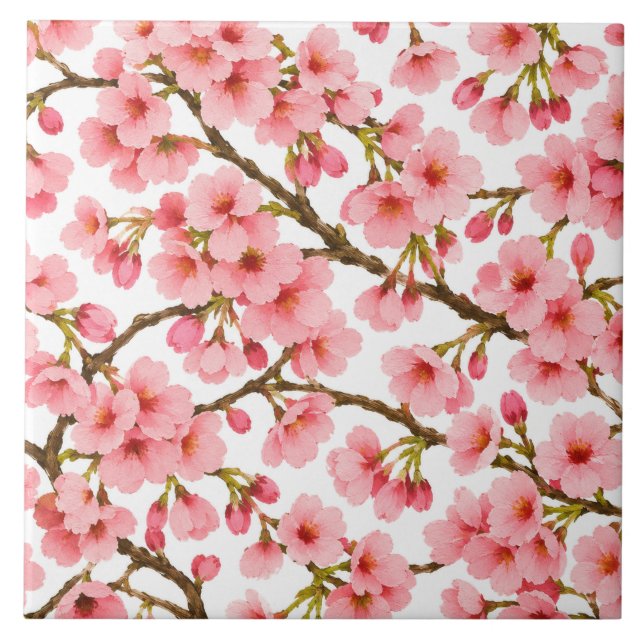 Pink Cherry Blossom Branch Pattern Ceramic Tile (Front)