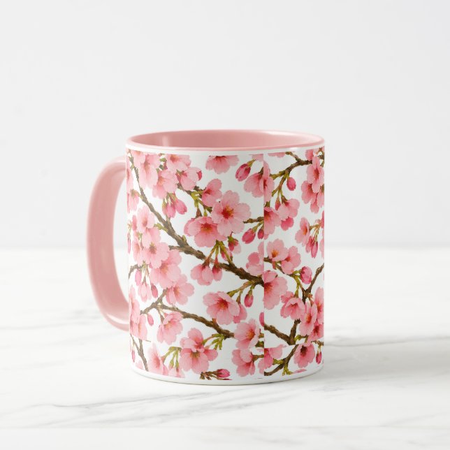 Pink Cherry Blossom Branch Pattern Mug (Front Left)
