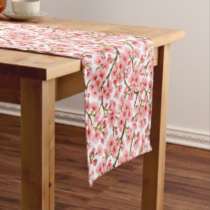 Pink Cherry Blossom Branch Pattern Short Table Runner