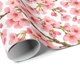 Pink Cherry Blossom Branch Pattern Wrapping Paper