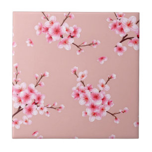 Pink Cherry Blossom Branches Pattern Ceramic Tile