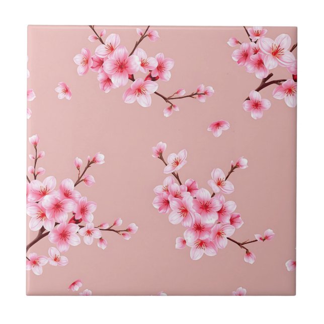 Pink Cherry Blossom Branches Pattern Ceramic Tile (Front)