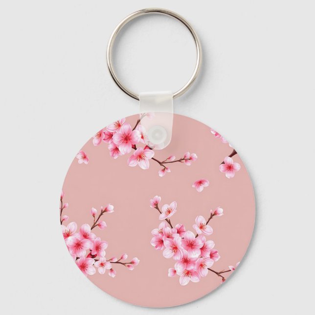 Pink Cherry Blossom Branches Pattern Key Ring (Front)