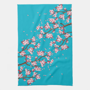 Pink Cherry Blossom Branches & Sky Blue Tea Towel