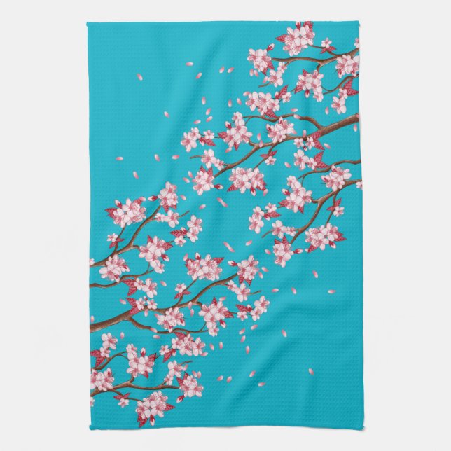 Pink Cherry Blossom Branches & Sky Blue Tea Towel (Vertical)